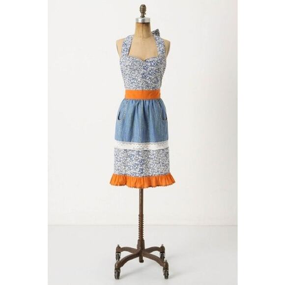 Porridge Anthropologie Apron Blue Orange White Lace NEW One Size Cotton - Picture 1 of 5